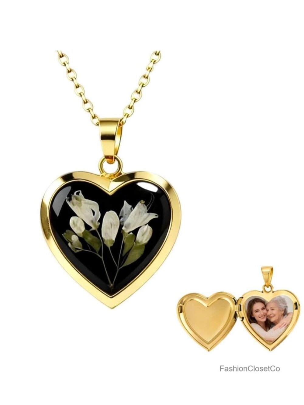 Vintage Heart Locket Necklace Handmade Pressed Flower Photo Pendant Boho